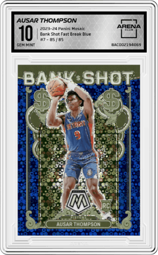 Ausar Thompson from the 2023-24 Panini Mosaic set featuring a Fast Break Blue parallel graded by Arena Club and given an overall grade of 10.