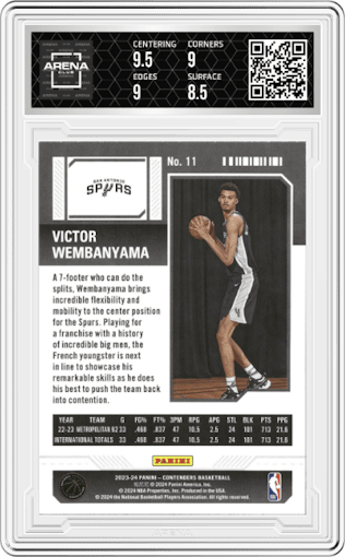 Victor Wembanyama  from the 2023-24 Panini Contenders set featuring a Retail parallel graded by Arena Club and given an overall grade of 9.