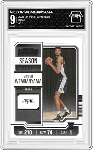 Victor Wembanyama  from the 2023-24 Panini Contenders set featuring a Retail parallel graded by Arena Club and given an overall grade of 9.