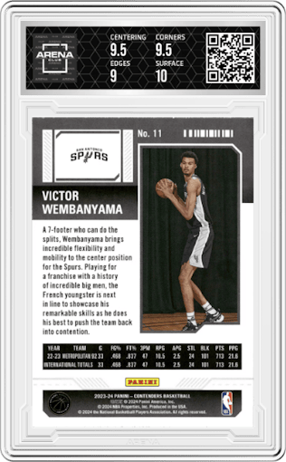 Victor Wembanyama  from the 2023-24 Panini Contenders set graded by Arena Club and given an overall grade of 9.5.