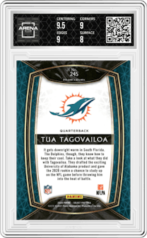 Tua Tagovailoa from the 2020 Panini Select set graded by Arena Club and given an overall grade of 8.5.
