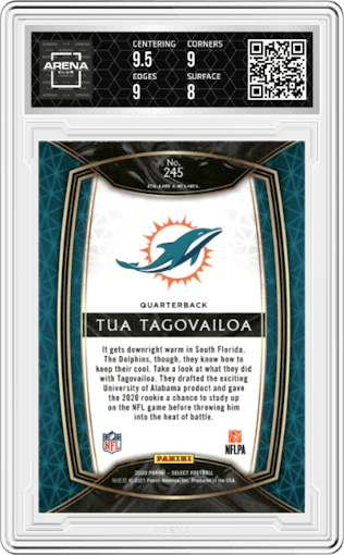 Tua Tagovailoa from the 2020 Panini Select set graded by Arena Club and given an overall grade of 8.5.