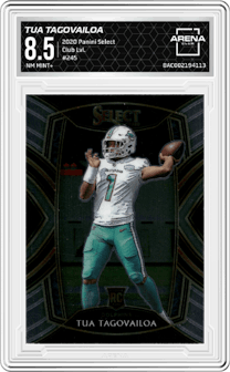 Tua Tagovailoa from the 2020 Panini Select set graded by Arena Club and given an overall grade of 8.5.