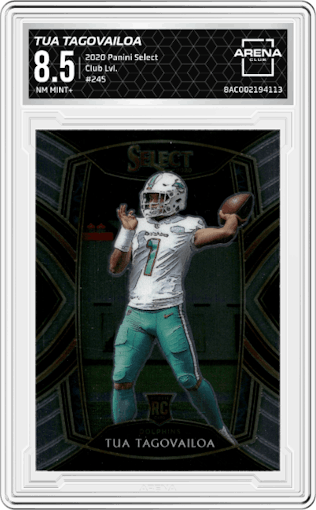 Tua Tagovailoa from the 2020 Panini Select set graded by Arena Club and given an overall grade of 8.5.
