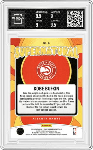 Kobe Bufkin from the 2023-24 Panini Contenders set featuring a Cracked Ice parallel graded by Arena Club and given an overall grade of 9.5.
