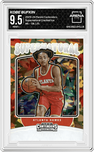 Kobe Bufkin from the 2023-24 Panini Contenders set featuring a Cracked Ice parallel graded by Arena Club and given an overall grade of 9.5.