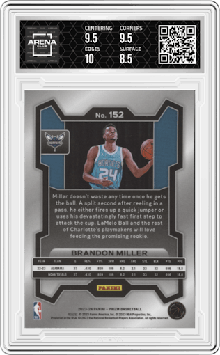 Brandon Miller from the 2023-24 Panini Prizm set graded by Arena Club and given an overall grade of 9.