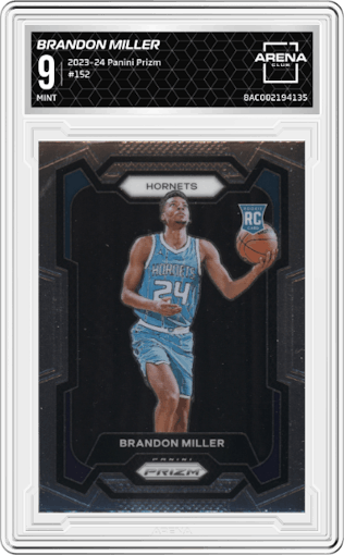 Brandon Miller from the 2023-24 Panini Prizm set graded by Arena Club and given an overall grade of 9.