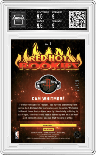 Cam Whitmore from the 2023-24 Donruss Optic set featuring a Red parallel graded by Arena Club and given an overall grade of 9.5.