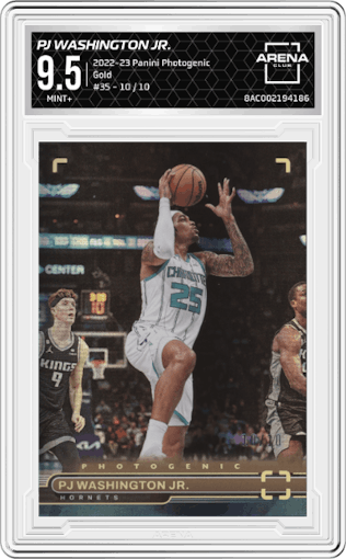 PJ Washington Jr. from the 2022-23 Panini Photogenic set featuring a Gold parallel graded by Arena Club and given an overall grade of 9.5.