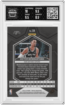 Victor Wembanyama from the 2023-24 Panini Mosaic set graded by Arena Club and given an overall grade of 9.