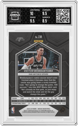 Victor Wembanyama from the 2023-24 Panini Mosaic set graded by Arena Club and given an overall grade of 9.