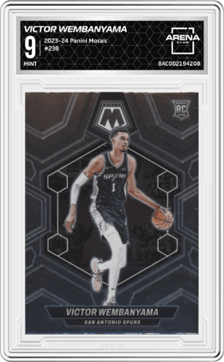 Victor Wembanyama from the 2023-24 Panini Mosaic set graded by Arena Club and given an overall grade of 9.