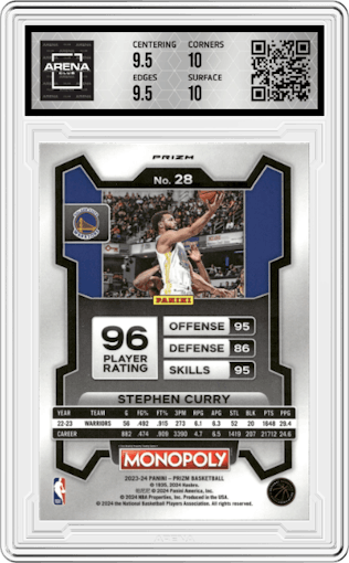Stephen Curry from the 2023-24 Panini Prizm Monopoly set featuring a Purple  parallel graded by Arena Club and given an overall grade of 10.