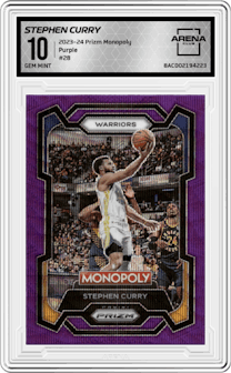 Stephen Curry from the 2023-24 Panini Prizm Monopoly set featuring a Purple  parallel graded by Arena Club and given an overall grade of 10.