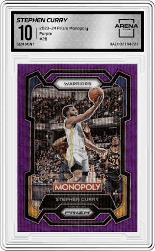 Stephen Curry from the 2023-24 Panini Prizm Monopoly set featuring a Purple  parallel graded by Arena Club and given an overall grade of 10.