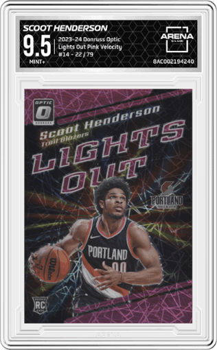 Scoot Henderson from the 2023-24 Donruss Optic set featuring a Pink Velocity parallel graded by Arena Club and given an overall grade of 9.5.
