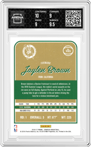 Jaylen Brown from the 2016-17 Panini Donruss  set graded by Arena Club and given an overall grade of 9.5.