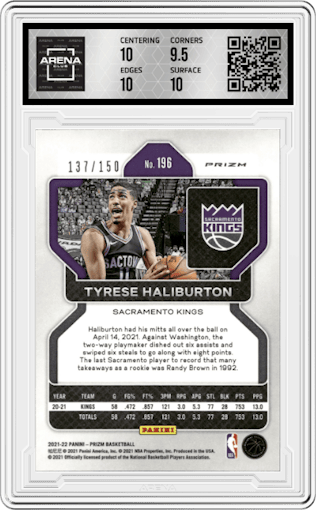 Tyrese Haliburton from the 2021-22 Panini Prizm  set featuring a Fast Break Blue parallel graded by Arena Club and given an overall grade of 10.