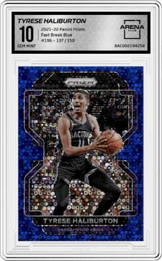 Tyrese Haliburton from the 2021-22 Panini Prizm  set featuring a Fast Break Blue parallel graded by Arena Club and given an overall grade of 10.