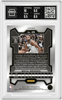 Mikal Bridges from the 2023-24 Panini Prizm set featuring a Snakeskin parallel graded by Arena Club and given an overall grade of 9.