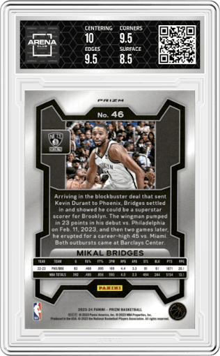 Mikal Bridges from the 2023-24 Panini Prizm set featuring a Snakeskin parallel graded by Arena Club and given an overall grade of 9.
