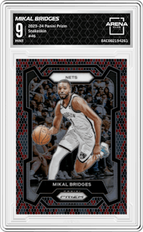 Mikal Bridges from the 2023-24 Panini Prizm set featuring a Snakeskin parallel graded by Arena Club and given an overall grade of 9.