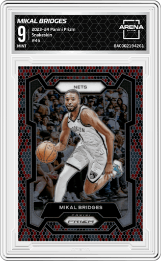 Mikal Bridges from the 2023-24 Panini Prizm set featuring a Snakeskin parallel graded by Arena Club and given an overall grade of 9.