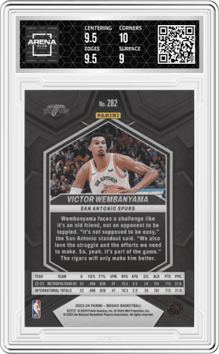Victor Wembanyama from the 2023-24 Panini Mosaic set graded by Arena Club and given an overall grade of 9.5.