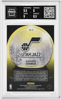 Keyonte George from the 2023-24 Panini Crown Royale  set featuring a Red parallel graded by Arena Club and given an overall grade of 8.5.