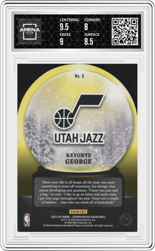 Keyonte George from the 2023-24 Panini Crown Royale  set featuring a Red parallel graded by Arena Club and given an overall grade of 8.5.