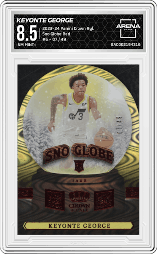 Keyonte George from the 2023-24 Panini Crown Royale  set featuring a Red parallel graded by Arena Club and given an overall grade of 8.5.