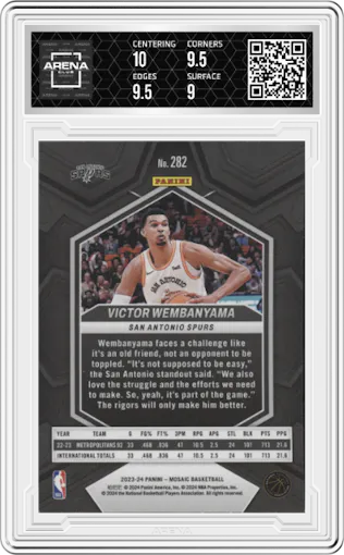 Victor Wembanyama from the 2023-24 Panini Mosaic set graded by Arena Club and given an overall grade of 9.5.