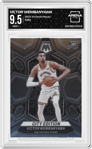 Victor Wembanyama from the 2023-24 Panini Mosaic set graded by Arena Club and given an overall grade of 9.5.