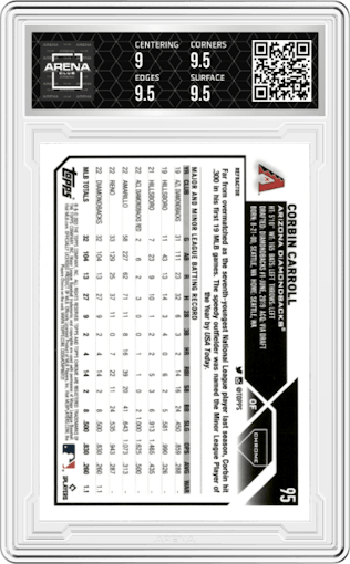 Corbin Carroll from the 2023 Topps Chrome set featuring a Refractor parallel graded by Arena Club and given an overall grade of 9.5.
