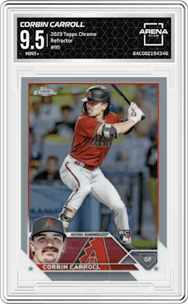Corbin Carroll from the 2023 Topps Chrome set featuring a Refractor parallel graded by Arena Club and given an overall grade of 9.5.