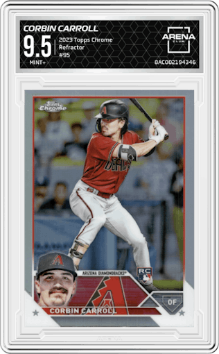 Corbin Carroll from the 2023 Topps Chrome set featuring a Refractor parallel graded by Arena Club and given an overall grade of 9.5.