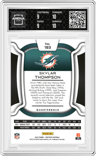 Skylar Thompson from the 2022 Panini Certified set featuring a Mirror Blue parallel graded by Arena Club and given an overall grade of 9.5.