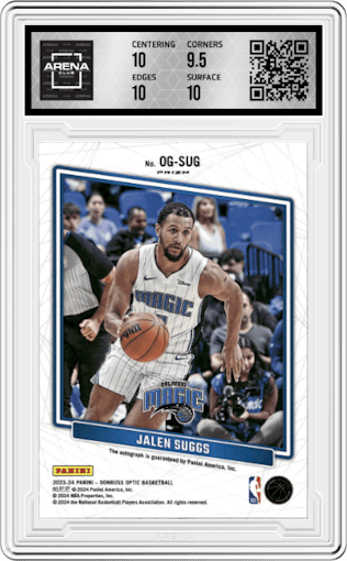 Jalen Suggs from the 2023-24 Donruss Optic set graded by Arena Club and given an overall grade of 10.