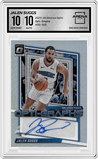 Jalen Suggs from the 2023-24 Donruss Optic set graded by Arena Club and given an overall grade of 10.