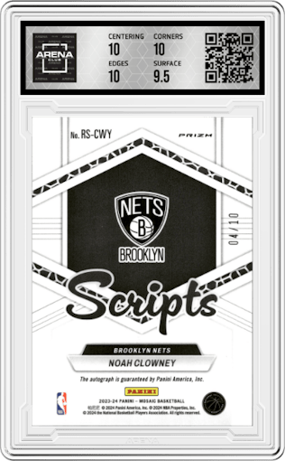 Noah Clowney from the 2023-24 Panini Mosaic set featuring a Gold parallel graded by Arena Club and given an overall grade of 10.