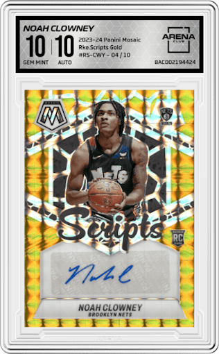 Noah Clowney from the 2023-24 Panini Mosaic set featuring a Gold parallel graded by Arena Club and given an overall grade of 10.