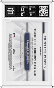 Oswaldo Cabrera from the 2024 Topps Pristine set graded by Arena Club and given an overall grade of 9.5.