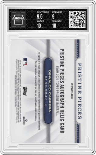 Oswaldo Cabrera from the 2024 Topps Pristine set graded by Arena Club and given an overall grade of 9.5.