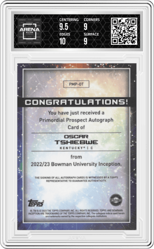 Oscar Tshiebwe from the 2022-23 Bowman University Inception set graded by Arena Club and given an overall grade of 9.5.