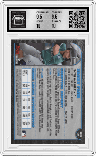 Harry Ford from the 2024 Bowman Chrome set featuring a Gold Refractor parallel graded by Arena Club and given an overall grade of 10.