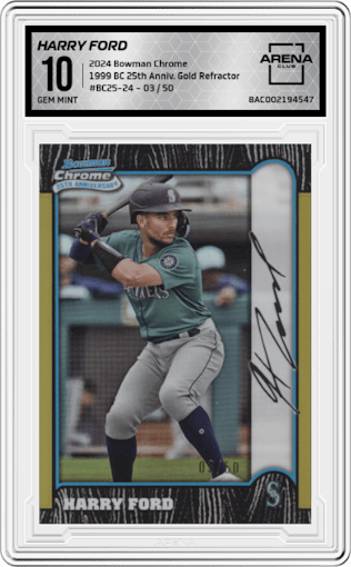 Harry Ford from the 2024 Bowman Chrome set featuring a Gold Refractor parallel graded by Arena Club and given an overall grade of 10.
