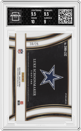 Luke Schoonmaker from the 2023 Panini Select set featuring a Tie-Dye Prizm parallel graded by Arena Club and given an overall grade of 9.5.