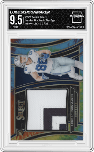 Luke Schoonmaker from the 2023 Panini Select set featuring a Tie-Dye Prizm parallel graded by Arena Club and given an overall grade of 9.5.