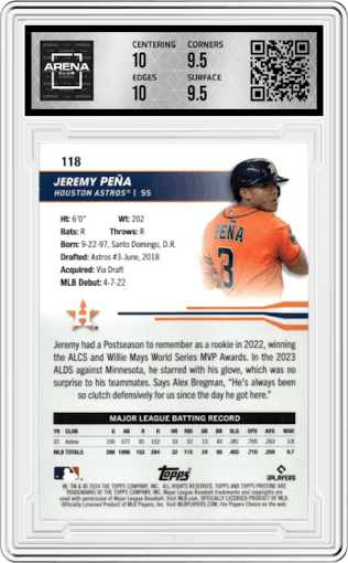 Jeremy Pena from the 2024 Topps Pristine set featuring a Orange Refractor parallel graded by Arena Club and given an overall grade of 10.